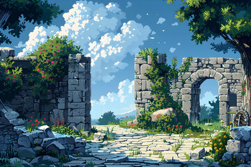 Pixel Art of Old Stone Ruins Under a Partly Cloudy Blue Sky Featuring Vines and Flowers in an Outdoor Setting With Landscape