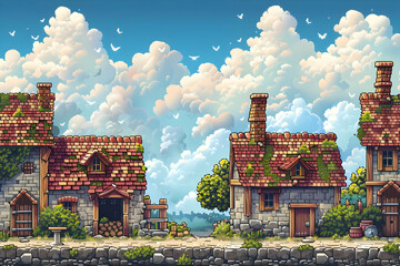 Pixel Art of Old Stone Village Buildings with Red Brick Roofs Under Fluffy White Clouds and a Blue Sky Creates a Retro Gaming Scene