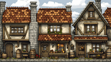 Pixel Art of Old Stone Village Houses with Brown Tiled Roofs and Cobblestone Streets in European Style Under Cloudy Sky