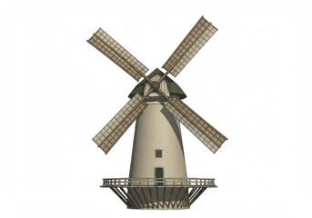 A detailed view of a white windmill with four blades against a plain white background scene view