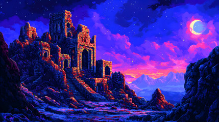 Pixel Art of Ruined Castle Landscape at Night with Moon Stars and Sky in Purple Blue and Orange Colors
