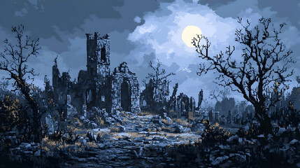 Pixel Art of Ruined Castle Under Moonlight in Dark Blue and Gray Tones with Bare Trees Reflecting in Water