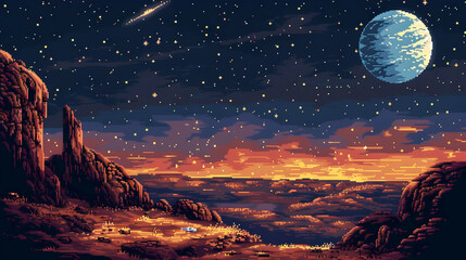 Pixel Art of Rocky Landscape with Orange Hues Under Starry Night Sky and Distant Planet at Dusk