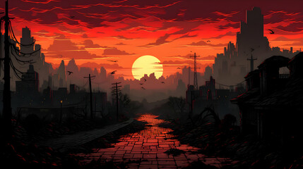 Pixel Art of Ruined City at Fiery Sunset with Dramatic Skies and Gritty Textures Retro Aesthetic with a Dark and Atmospheric Urban Scene