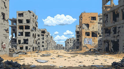 Pixel Art of Ruined Cityscape with Decayed Buildings Under Blue Sky and Scattered Debris on Ground During Daytime