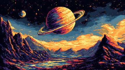 Pixel Art of Saturn Planet with Rings Over Alien Landscape at Night Sky with Glowing Stars and Distant Planet