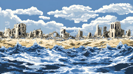 Pixel Art of Seaside Ruins at Blue Ocean Beach Under Cloudy Sky