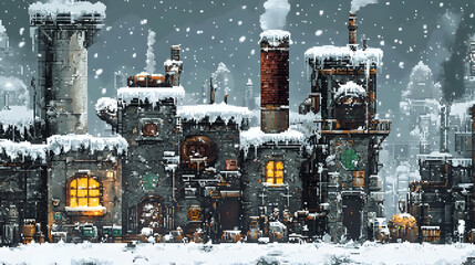 Pixel Art of Snow Covered Industrial Factory Buildings with Steam Rising Against Gray Skies in Winter Season