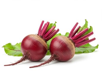 Two beets with green leaves on a white background in a studio shot for a healthy eating concept