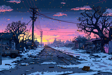 Pixel Art of Snowy Street with Sunset Sky and Trees in a Winter Landscape with Road and Electrical Poles in the Background