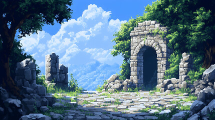 Pixel Art of Stone Arch Ruins with Blue Cloudy Sky and Green Trees in an Outdoor Landscape Setting