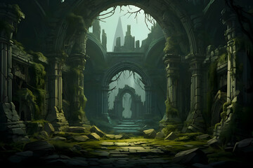 Pixel Art of Stone Archway Ruins with Gothic Architecture Old Historical Building with Nature Overgrowth in a Fantasy Retro Video Game Style