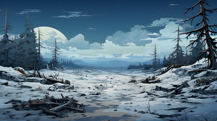 Pixel Art of Snowy Winter Landscape with Trees Under Moonlight in Hazy Sky