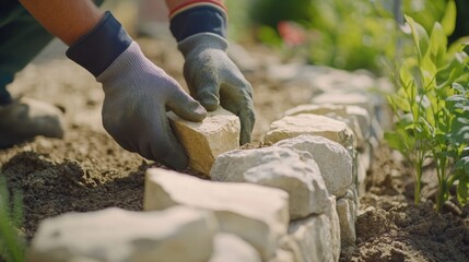 Mason building a stone garden border. Featuring craftsmanship and design focus