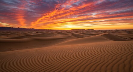 Desert Sand Dunes Landscape Under Vibrant Sunset Sky Background Image