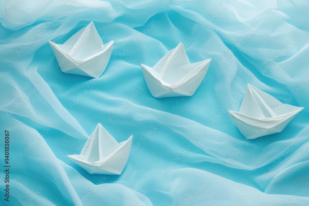 Poster floating paper boats on a pale blue fabric sea create a tranquil ambiance of poetic minimalism in a 