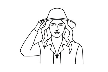 Outline Illustration Of Woman Wearing Hat And Shirt Minimalist Style