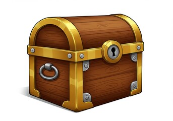 A cartoon treasure chest with golden trim and a keyhole isolated on a white background