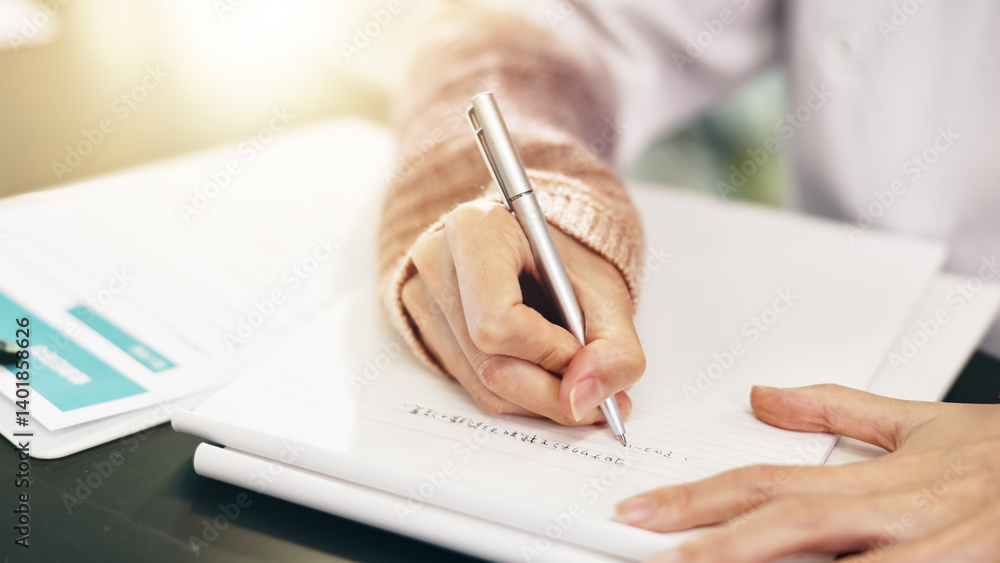 Poster person, scientist and hands writing with book in japan for research, study or labratory results on d