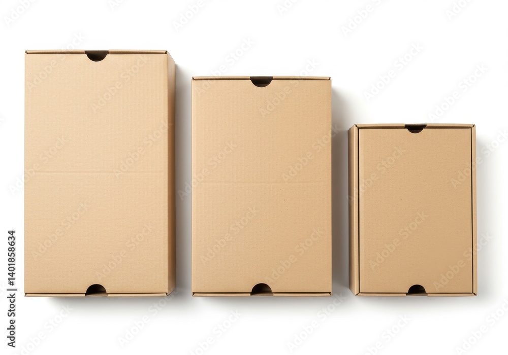 Poster three cardboard boxes of varying sizes arranged in a row on a plain white background surface top vie