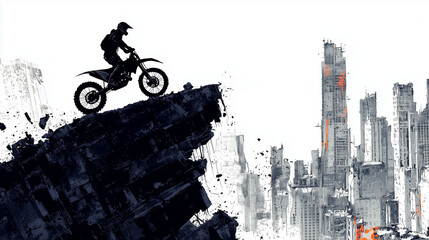 Silhouette of motocross rider on cliff edge overlooking futuristic ruined cityscape with dramatic contrast.