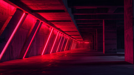 Futuristic empty corridor with red neon lights and concrete structure in a dramatic sci-fi style perspective.