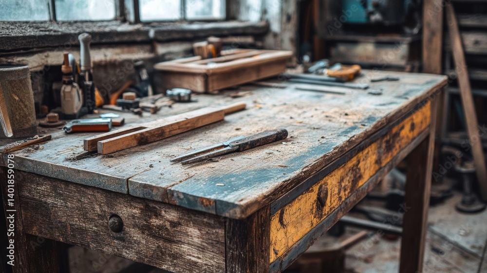Aufkleber rustic wooden workbench filled with worn tools and stains in a naturally lit workshop atmosphere