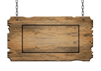 A rustic wooden sign hanging from metal chains against a plain white background studio shot