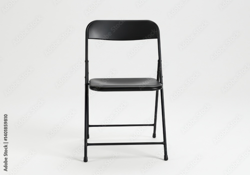 Poster a frontal view of a black folding chair on a white background in a studio setting showing details