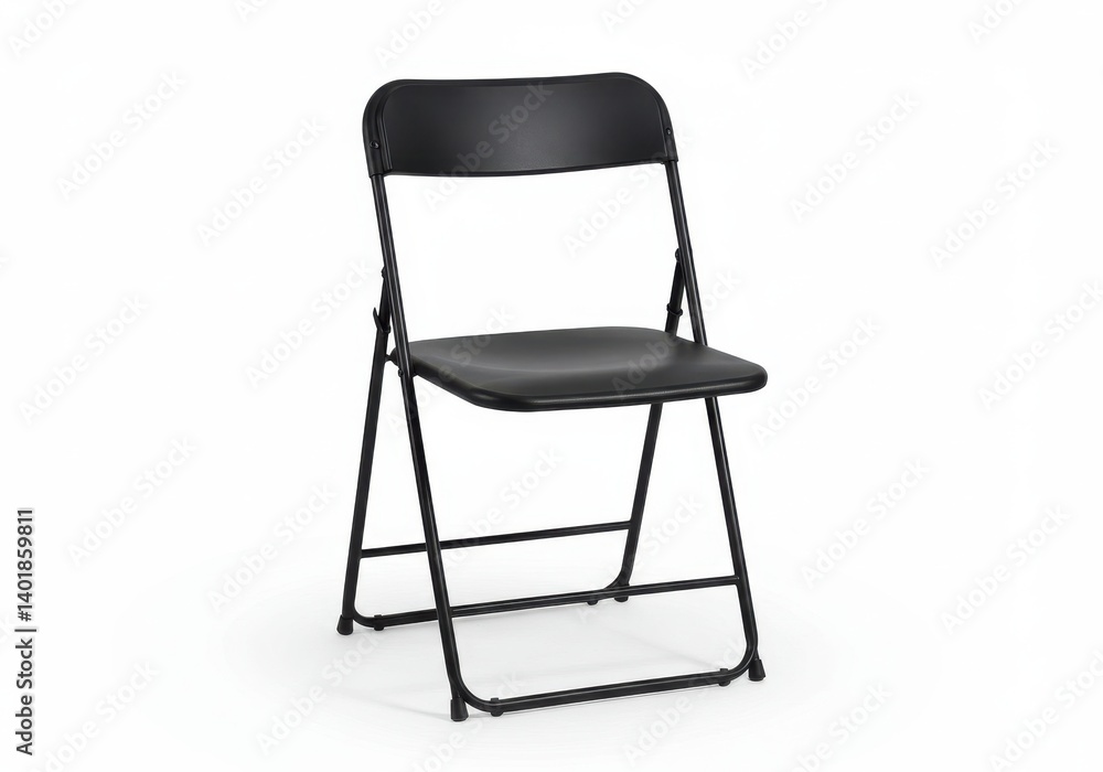 Poster a single black folding chair is centered on a white background in a studio setting light evenly