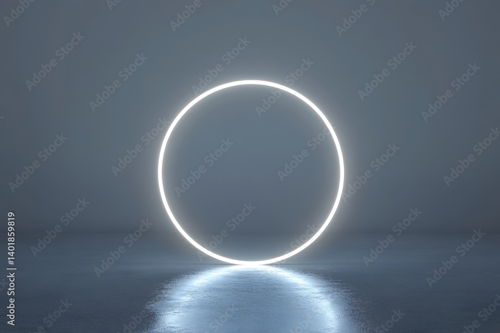 Poster white glowing light ring on an empty white background, an abstract technology backdrop for product p
