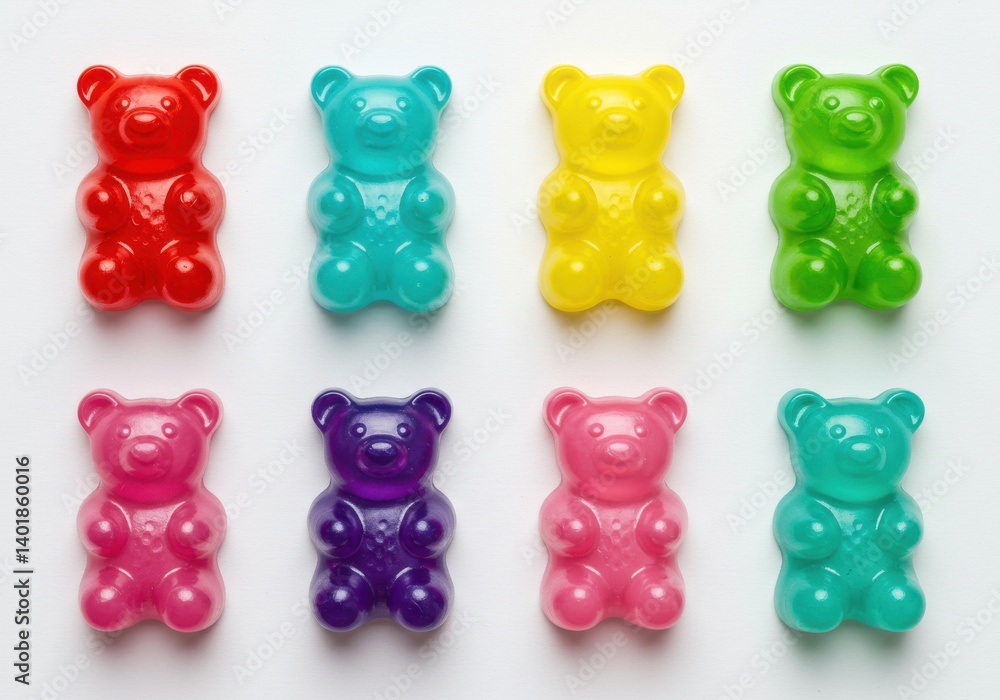 Poster eight colorful gummy bears arranged in two rows on a white surface in a studio setting close up view