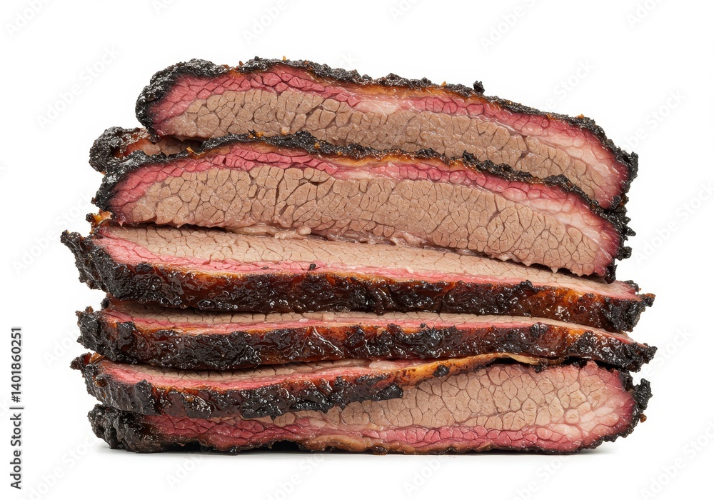 Poster a stack of sliced brisket with a dark bark and a visible smoke ring on a white background plain stud