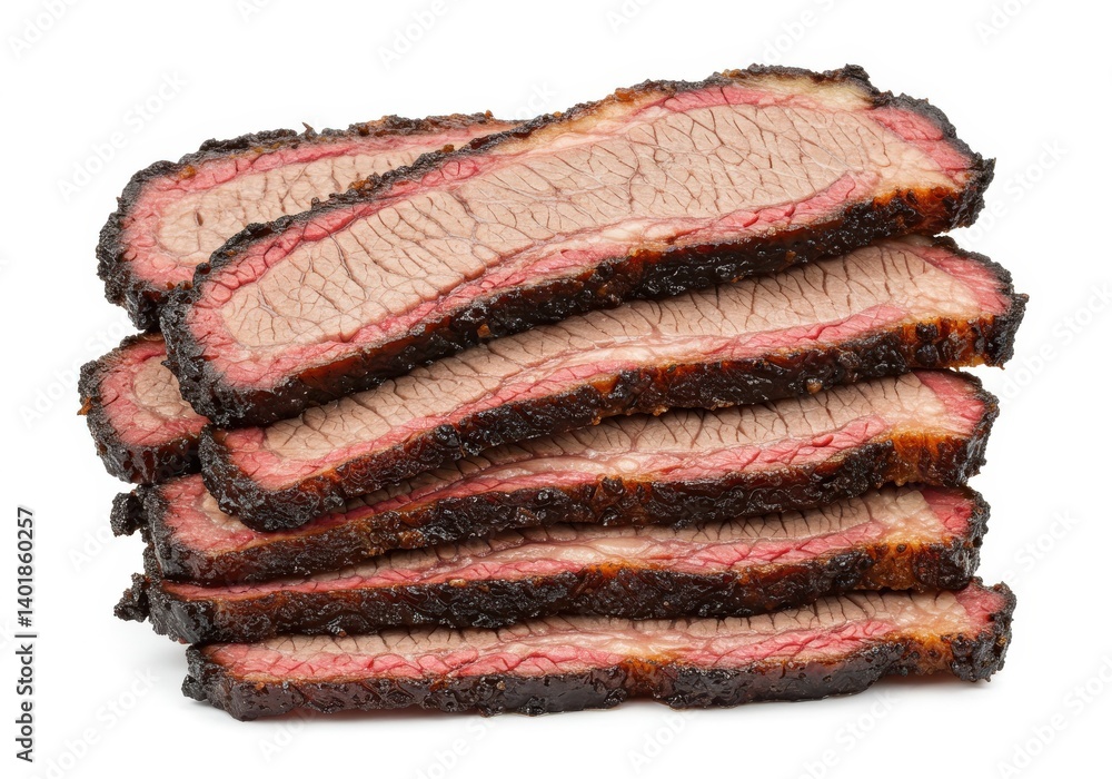 Poster close up of a stack of sliced beef brisket with a dark crust on a white background surface view