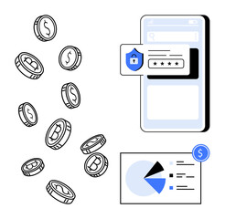 Coins falling, mobile login shielded by security badge, financial pie chart with dollar sign icon. Ideal for finance, cryptocurrency, e-wallet, cybersecurity, fintech, data analysis investments