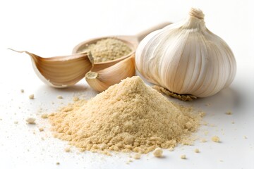 garlic powder with garlic isolated on white background