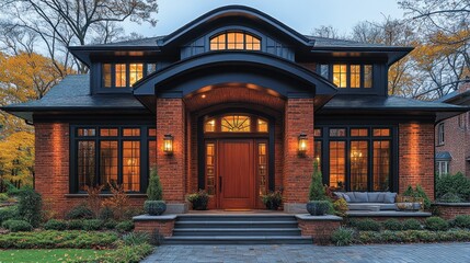 Elegant Brick Home with Dark Accents at Dusk