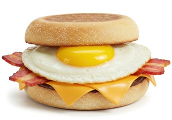 A breakfast sandwich with bacon cheese and a fried egg on an english muffin isolated shot