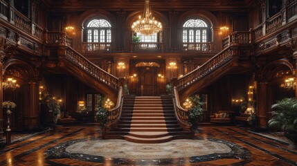 Fototapeta premium Grand Staircase in a Luxurious Wooden Mansion