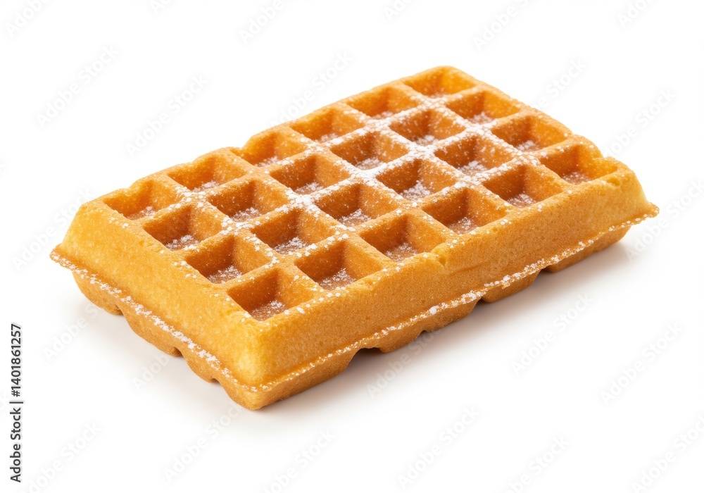 Poster a single waffle with powdered sugar on a white background in a close up studio shot view