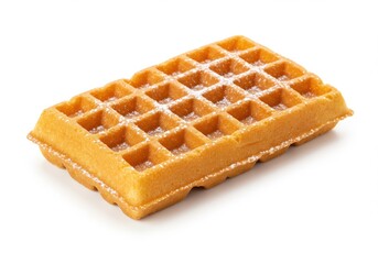 A single waffle with powdered sugar on a white background in a close up studio shot view