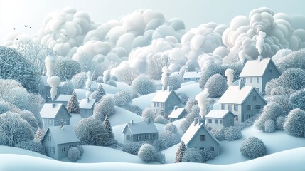 Snowy Winter Landscape with Cozy Houses and Soft Cloudy Sky