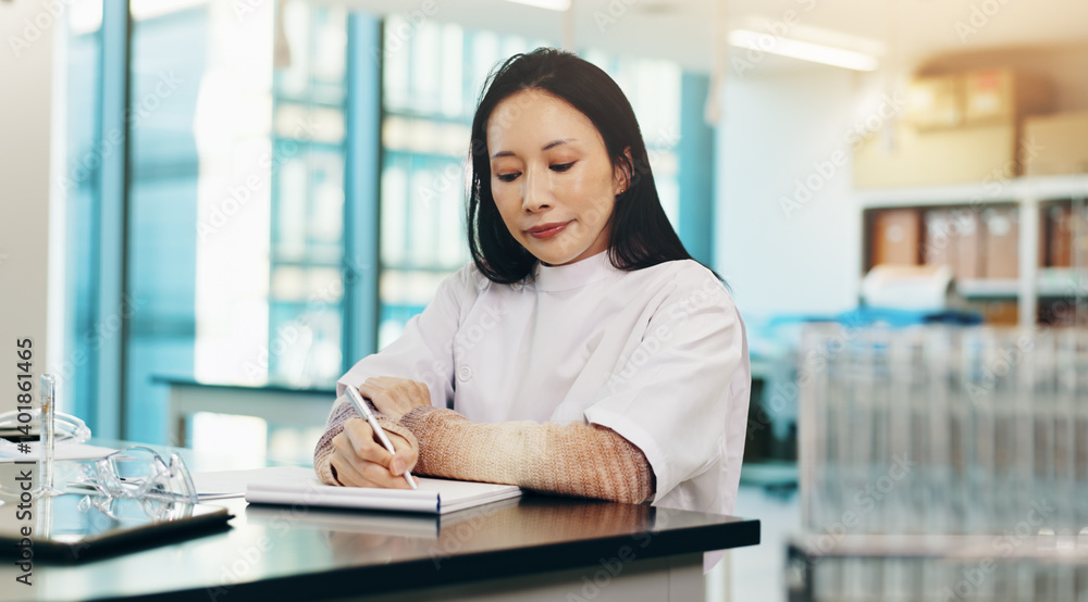 Poster science, woman and notebook with writing in lab for research notes, results and learning for exam. j
