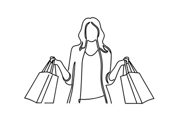 Minimalist Line Art Of A Woman Holding Shopping Bags After Retail Therapy