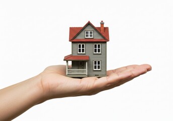 A miniature house with red roof held in a hand against a plain white background studio shot view
