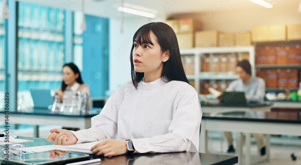Poster Learning, reading and woman in university lab for science assignment, exam or test in classroom. Education, research and Japanese female student with guess for question in biology lecture at college.