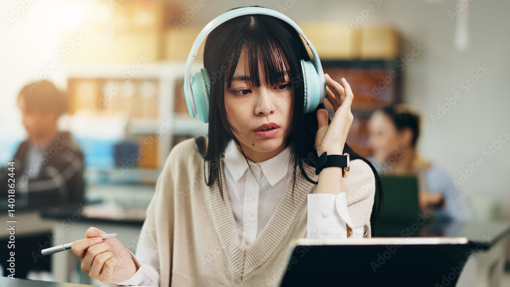 Poster headphones, tablet and woman at university with notes for literature assignment in class. reading, p
