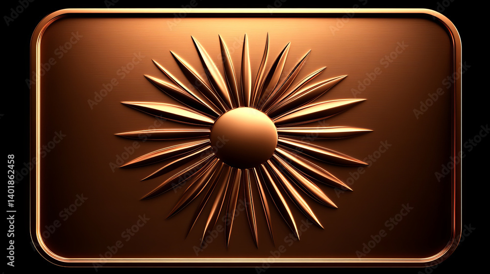 Poster shiny bronze sun emblem with rays, creating striking visual effect