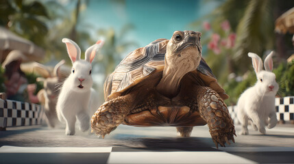 A tortoise leads a pack of rabbits on a whimsical, checkered path, symbolizing a quirky race with a touch of fantasy and determination. © Kanomaoi