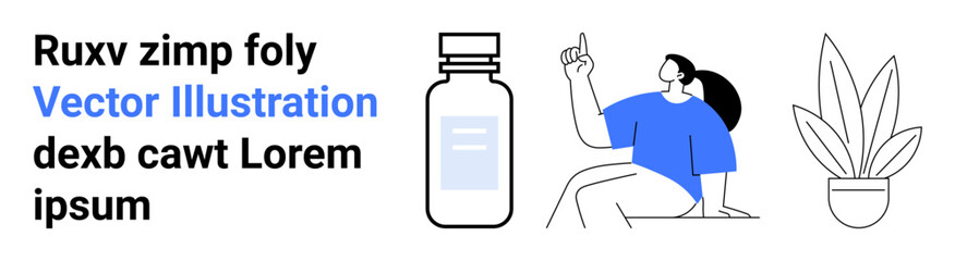 Man raising a finger to emphasize an idea, medicine bottle illustration, and potted plant outline. Ideal for health, wellness, self-care, education, medical content, creativity flat landing page